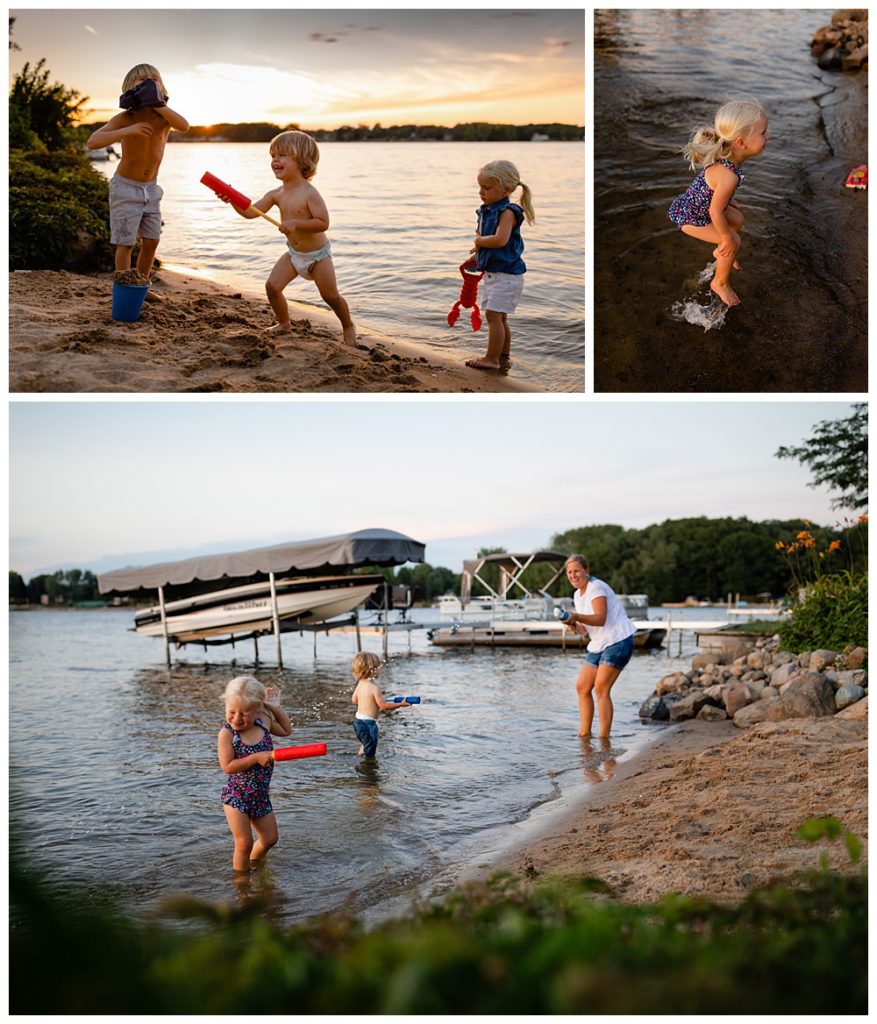 This collage of pictures shows three Family Photos from a vacation. The top left shows three young kids playing in the sand. The top right shows a young girl splashing in the water. The bottom center photo A mom plays with her three young kids on the beach of a Michigan lake. 